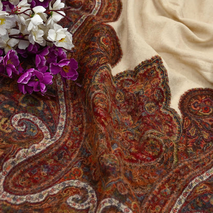 Indian Vintage Brown Pure Woolen Shawl Handmade Woven Jamawar Work Long Throw Stole Warm Paisley Design Soft