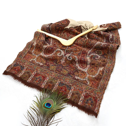 Indian Vintage Brown Pure Woolen Shawl Handmade Woven Jamawar Work Long Throw Stole Warm Paisley Design Soft