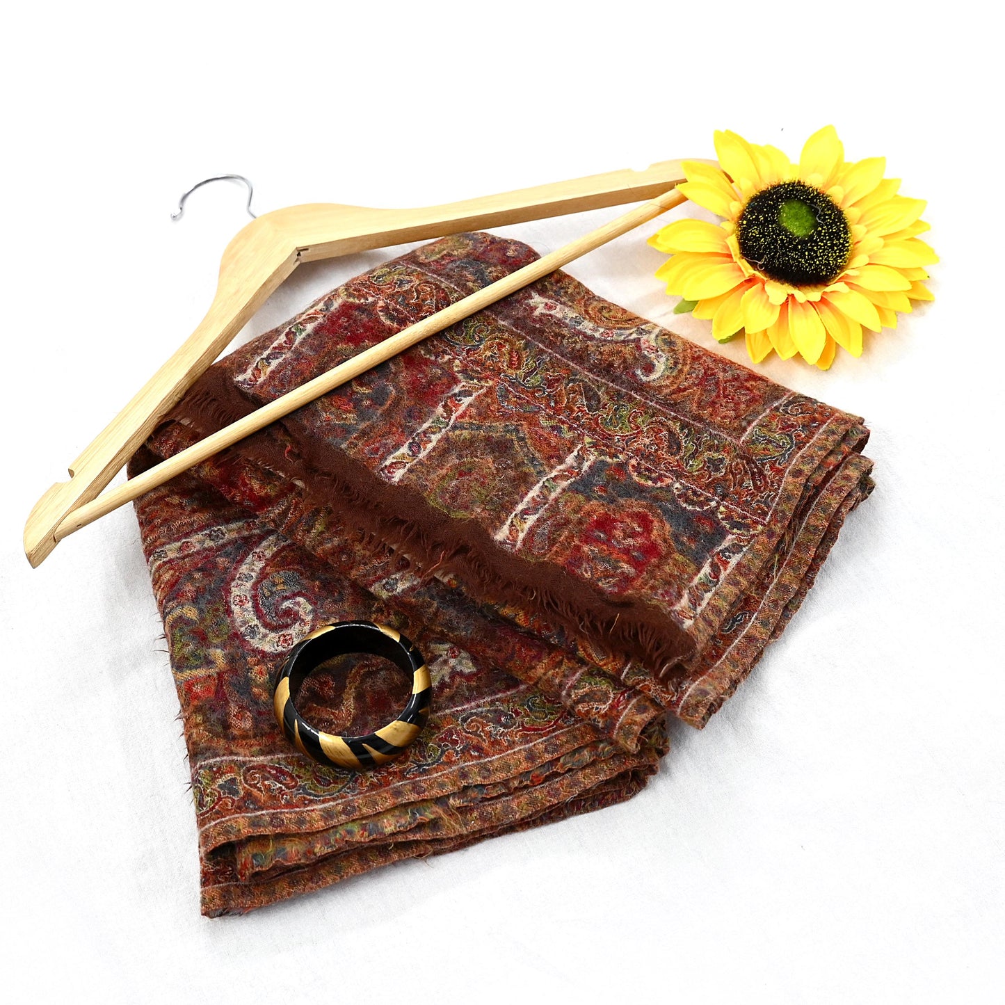 Indian Vintage Brown Pure Woolen Shawl Handmade Woven Jamawar Work Long Throw Stole Warm Paisley Design Soft