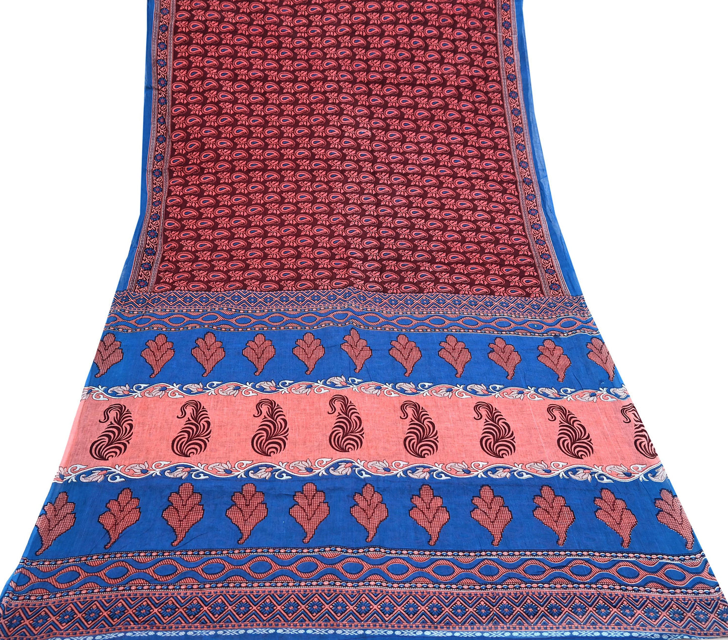 Indian Vintage Maroon Blue Pure Cotton Saree 5Yd Printed Paisley Floral Fabric Soft Material for Sewing Upcycling Dressmaking