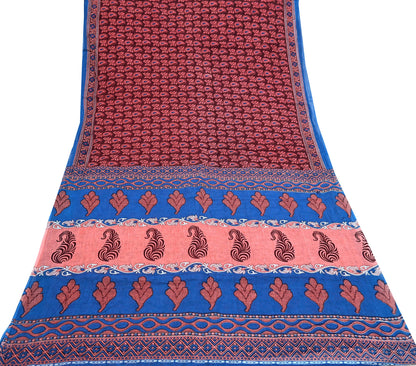 Indian Vintage Maroon Blue Pure Cotton Saree 5Yd Printed Paisley Floral Fabric Soft Material for Sewing Upcycling Dressmaking