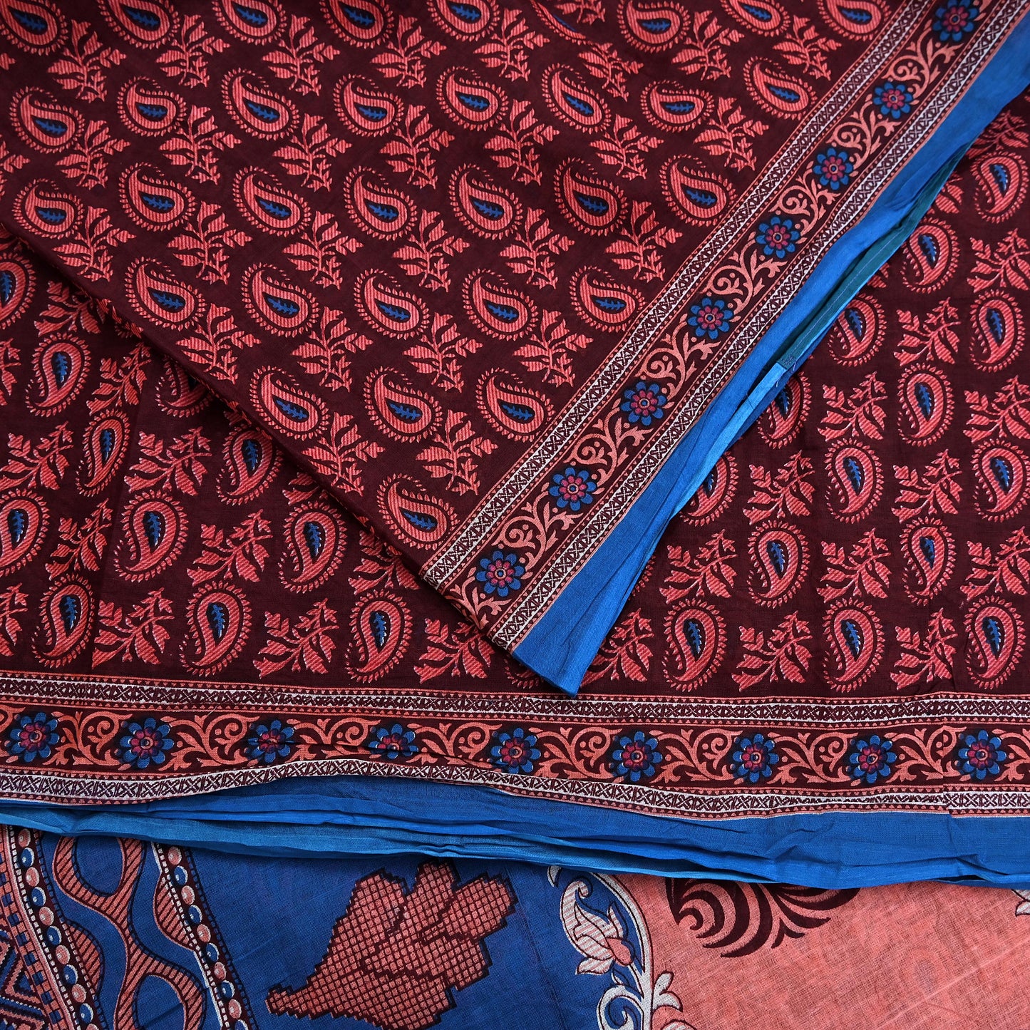 Indian Vintage Maroon Blue Pure Cotton Saree 5Yd Printed Paisley Floral Fabric Soft Material for Sewing Upcycling Dressmaking