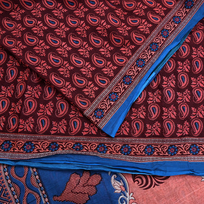 Indian Vintage Maroon Blue Pure Cotton Saree 5Yd Printed Paisley Floral Fabric Soft Material for Sewing Upcycling Dressmaking