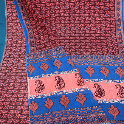 Indian Vintage Maroon Blue Pure Cotton Saree 5Yd Printed Paisley Floral Fabric Soft Material for Sewing Upcycling Dressmaking