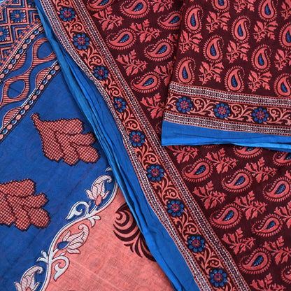 Indian Vintage Maroon Blue Pure Cotton Saree 5Yd Printed Paisley Floral Fabric Soft Material for Sewing Upcycling Dressmaking
