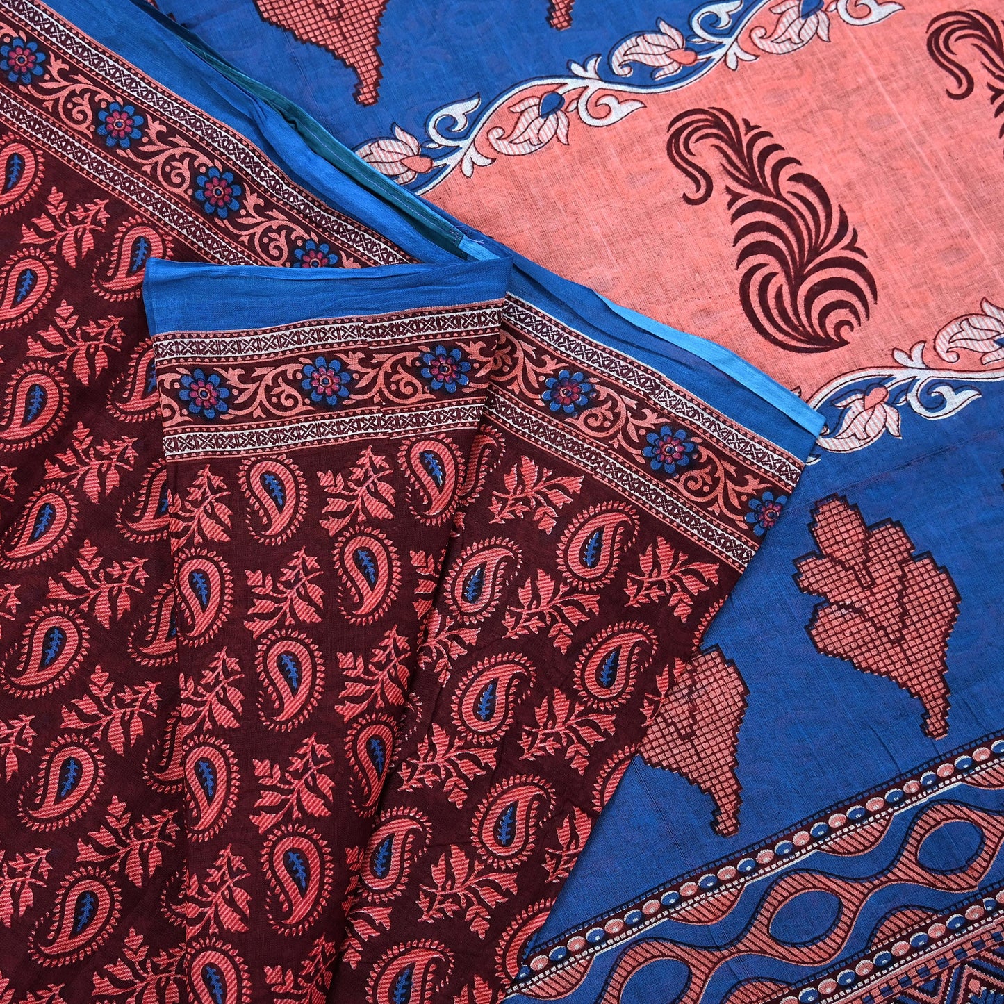 Indian Vintage Maroon Blue Pure Cotton Saree 5Yd Printed Paisley Floral Fabric Soft Material for Sewing Upcycling Dressmaking