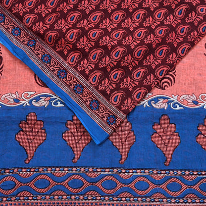 Indian Vintage Maroon Blue Pure Cotton Saree 5Yd Printed Paisley Floral Fabric Soft Material for Sewing Upcycling Dressmaking