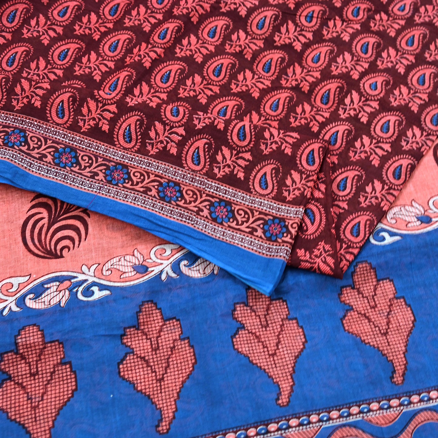 Indian Vintage Maroon Blue Pure Cotton Saree 5Yd Printed Paisley Floral Fabric Soft Material for Sewing Upcycling Dressmaking