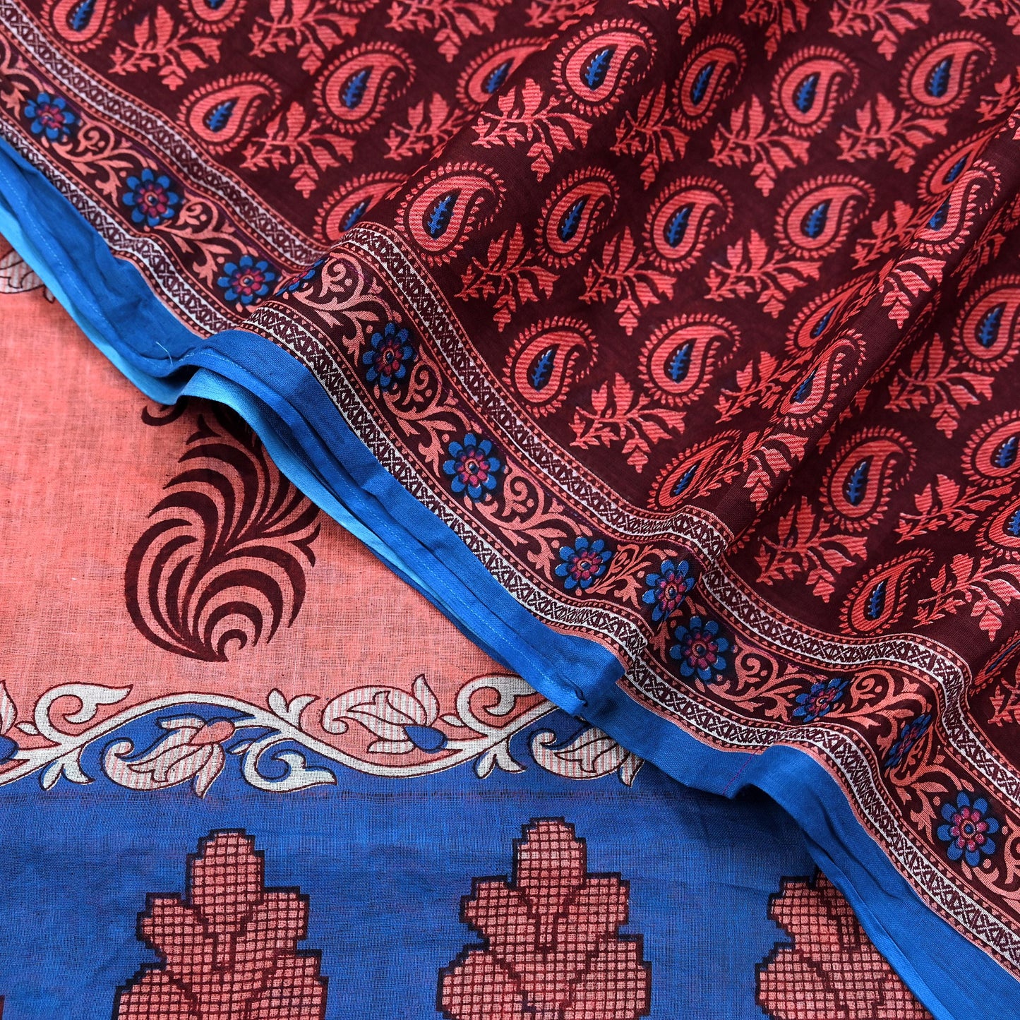 Indian Vintage Maroon Blue Pure Cotton Saree 5Yd Printed Paisley Floral Fabric Soft Material for Sewing Upcycling Dressmaking