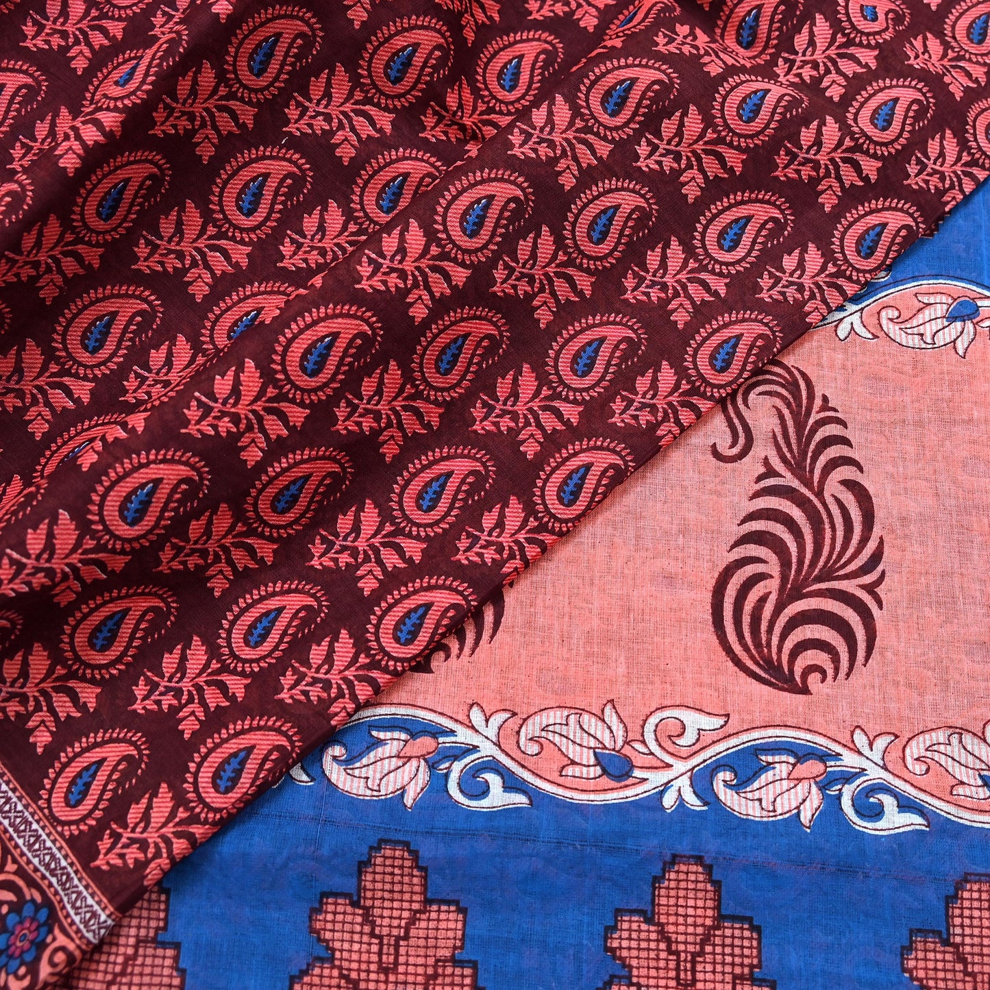 Indian Vintage Maroon Blue Pure Cotton Saree 5Yd Printed Paisley Floral Fabric Soft Material for Sewing Upcycling Dressmaking