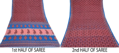 Indian Vintage Maroon Blue Pure Cotton Saree 5Yd Printed Paisley Floral Fabric Soft Material for Sewing Upcycling Dressmaking