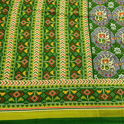 Indian Vintage Green Pure Cotton Saree Traditional Ikat Elephant Print 5 Yard Fabric Lightweight Boho Craft Material