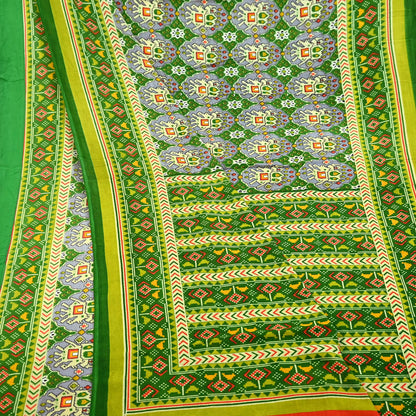 Indian Vintage Green Pure Cotton Saree Traditional Ikat Elephant Print 5 Yard Fabric Lightweight Boho Craft Material