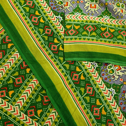 Indian Vintage Green Pure Cotton Saree Traditional Ikat Elephant Print 5 Yard Fabric Lightweight Boho Craft Material