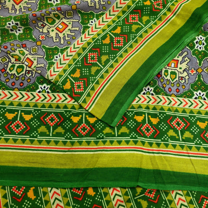 Indian Vintage Green Pure Cotton Saree Traditional Ikat Elephant Print 5 Yard Fabric Lightweight Boho Craft Material