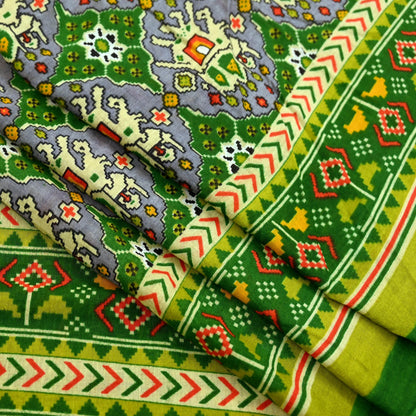 Indian Vintage Green Pure Cotton Saree Traditional Ikat Elephant Print 5 Yard Fabric Lightweight Boho Craft Material