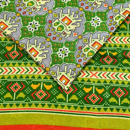 Indian Vintage Green Pure Cotton Saree Traditional Ikat Elephant Print 5 Yard Fabric Lightweight Boho Craft Material