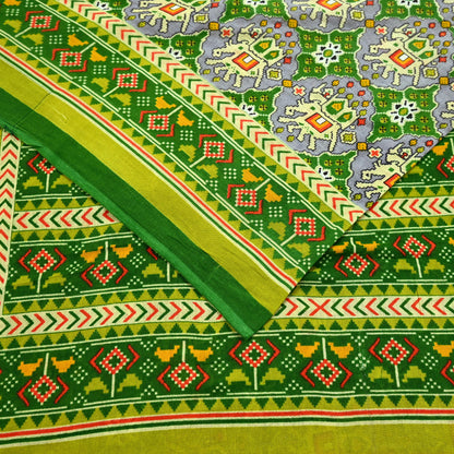 Indian Vintage Green Pure Cotton Saree Traditional Ikat Elephant Print 5 Yard Fabric Lightweight Boho Craft Material