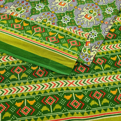 Indian Vintage Green Pure Cotton Saree Traditional Ikat Elephant Print 5 Yard Fabric Lightweight Boho Craft Material
