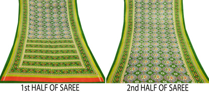 Indian Vintage Green Pure Cotton Saree Traditional Ikat Elephant Print 5 Yard Fabric Lightweight Boho Craft Material