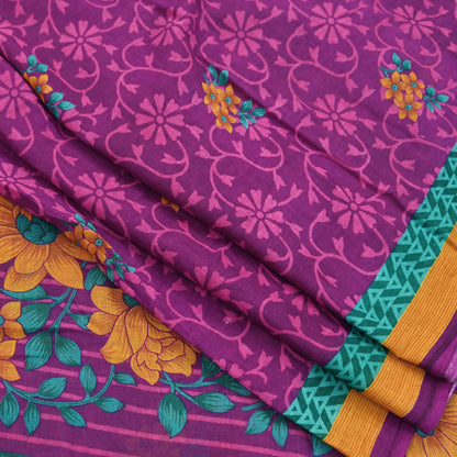 Indian Vintage Sari Purple Pure Cotton Floral Printed Saree Lightweight 5 Yard Soft Fabric Boho Craft Material Dressmaking & Quilting Cloth
