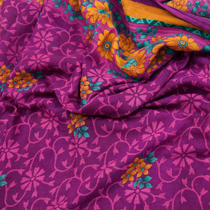 Indian Vintage Sari Purple Pure Cotton Floral Printed Saree Lightweight 5 Yard Soft Fabric Boho Craft Material Dressmaking & Quilting Cloth