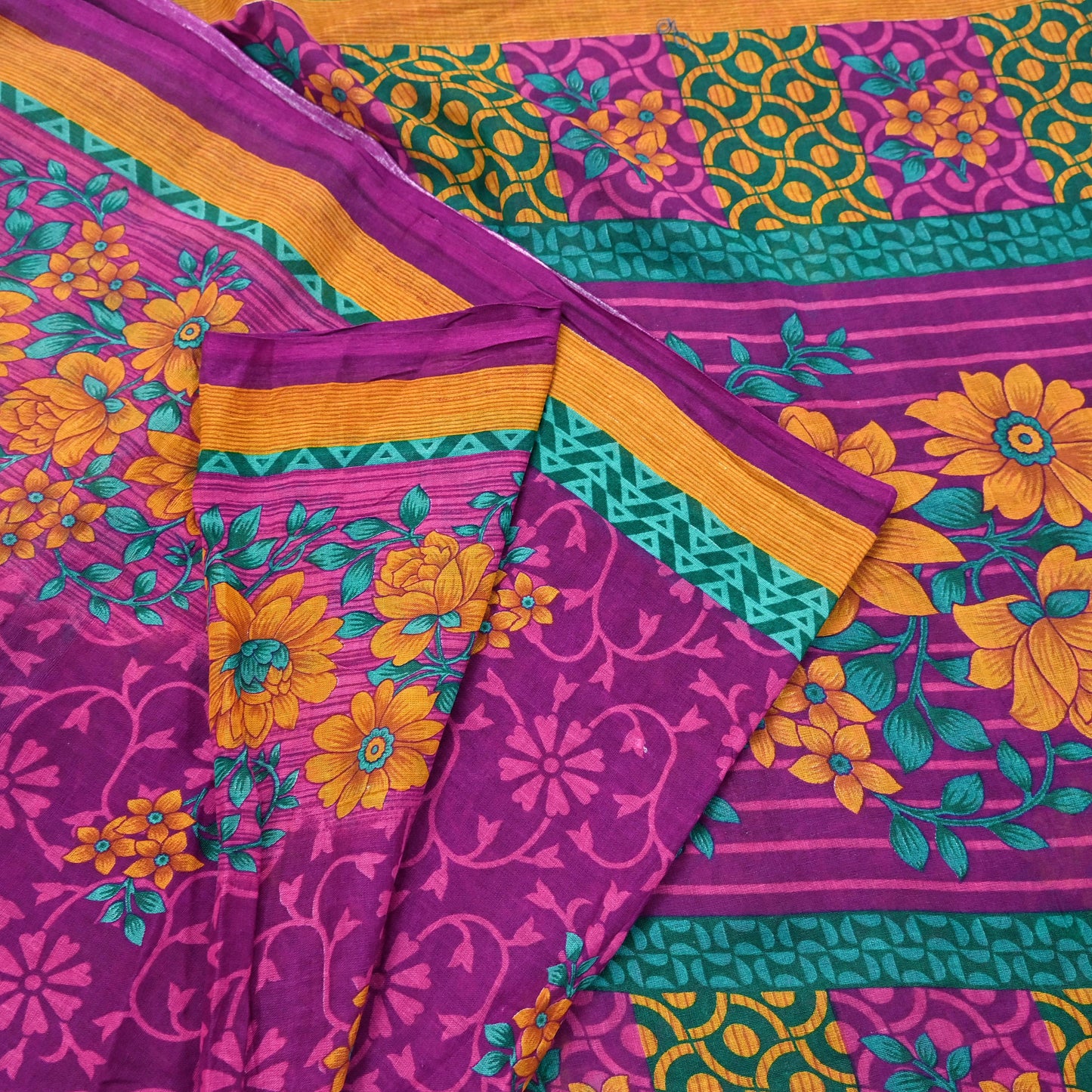 Indian Vintage Sari Purple Pure Cotton Floral Printed Saree Lightweight 5 Yard Soft Fabric Boho Craft Material Dressmaking & Quilting Cloth