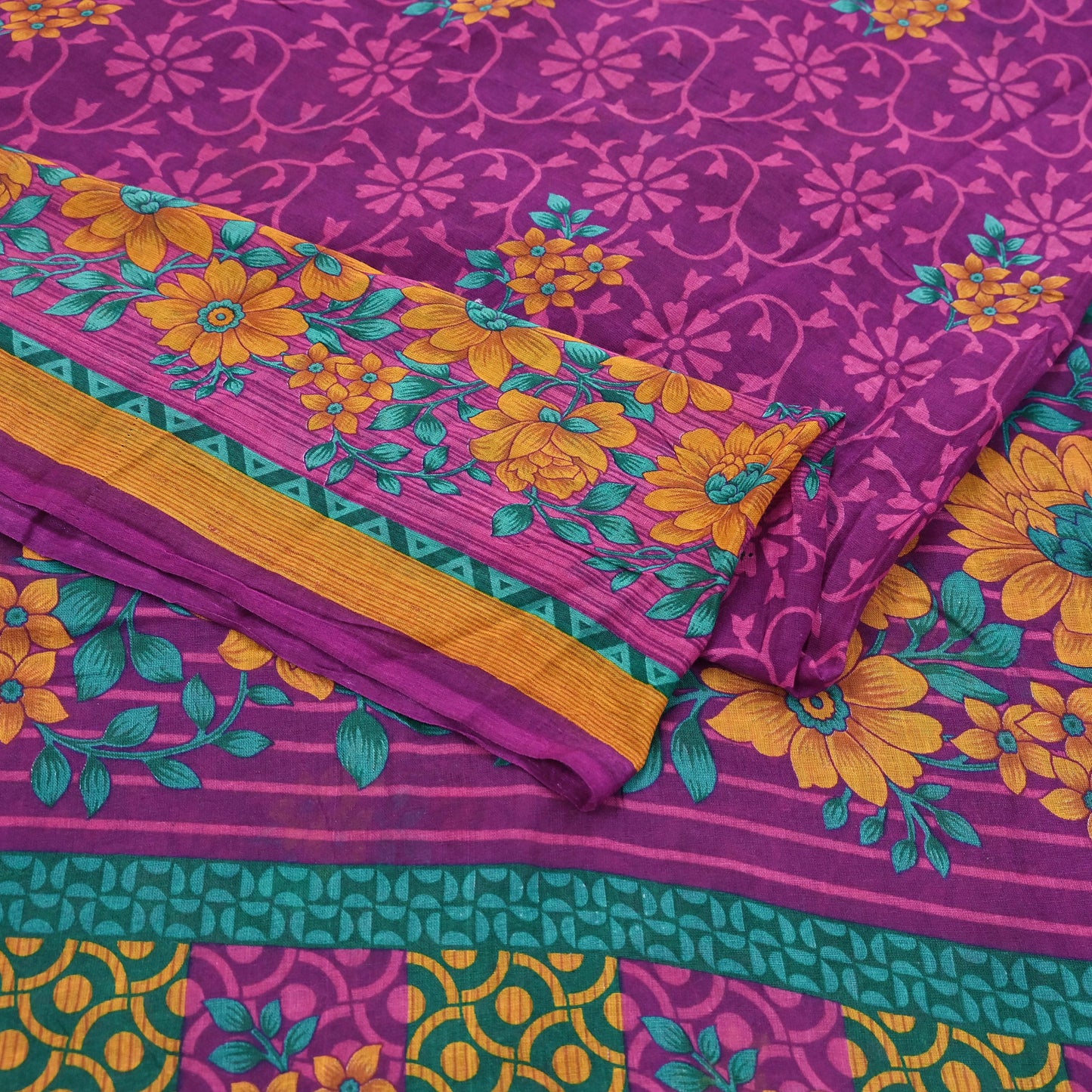 Indian Vintage Sari Purple Pure Cotton Floral Printed Saree Lightweight 5 Yard Soft Fabric Boho Craft Material Dressmaking & Quilting Cloth