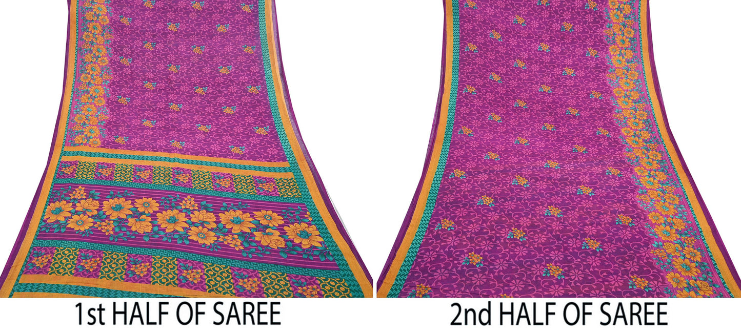 Indian Vintage Sari Purple Pure Cotton Floral Printed Saree Lightweight 5 Yard Soft Fabric Boho Craft Material Dressmaking & Quilting Cloth