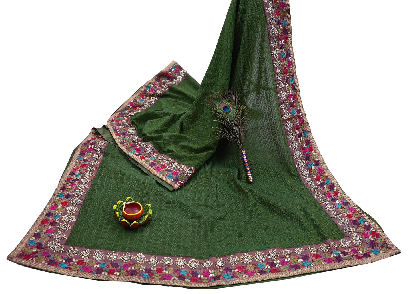 Indian Vintage Heavy Sari Green Pure Georgette Silk Hand Embroidered Sarees Craft Fabric 5Yd Sewing Ethnic Bollywood saree Dress making