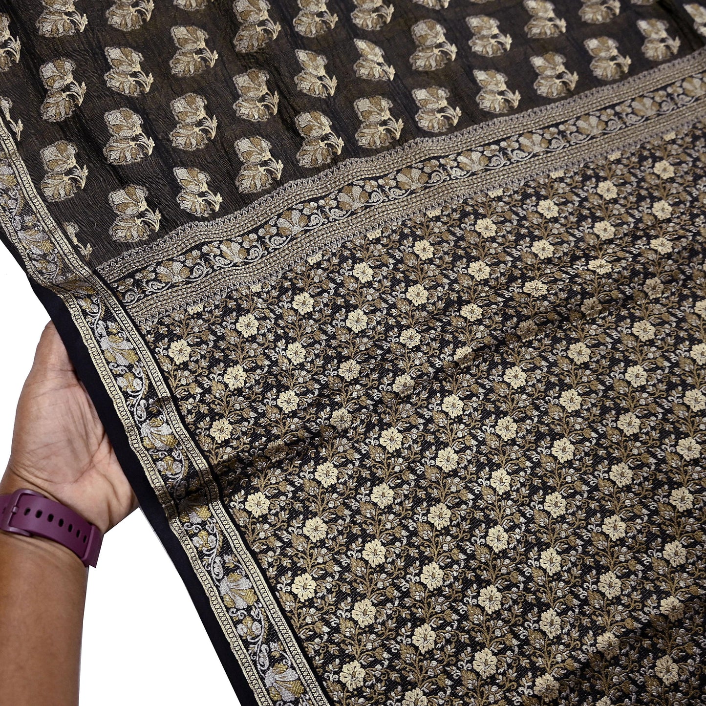 Indian Vintage Black Sarees Pure Silk Hand Woven Sari Craft Fabric 5Yd Sewing Ethnic Floral Dress Making For Crafting Quilting Upcycle