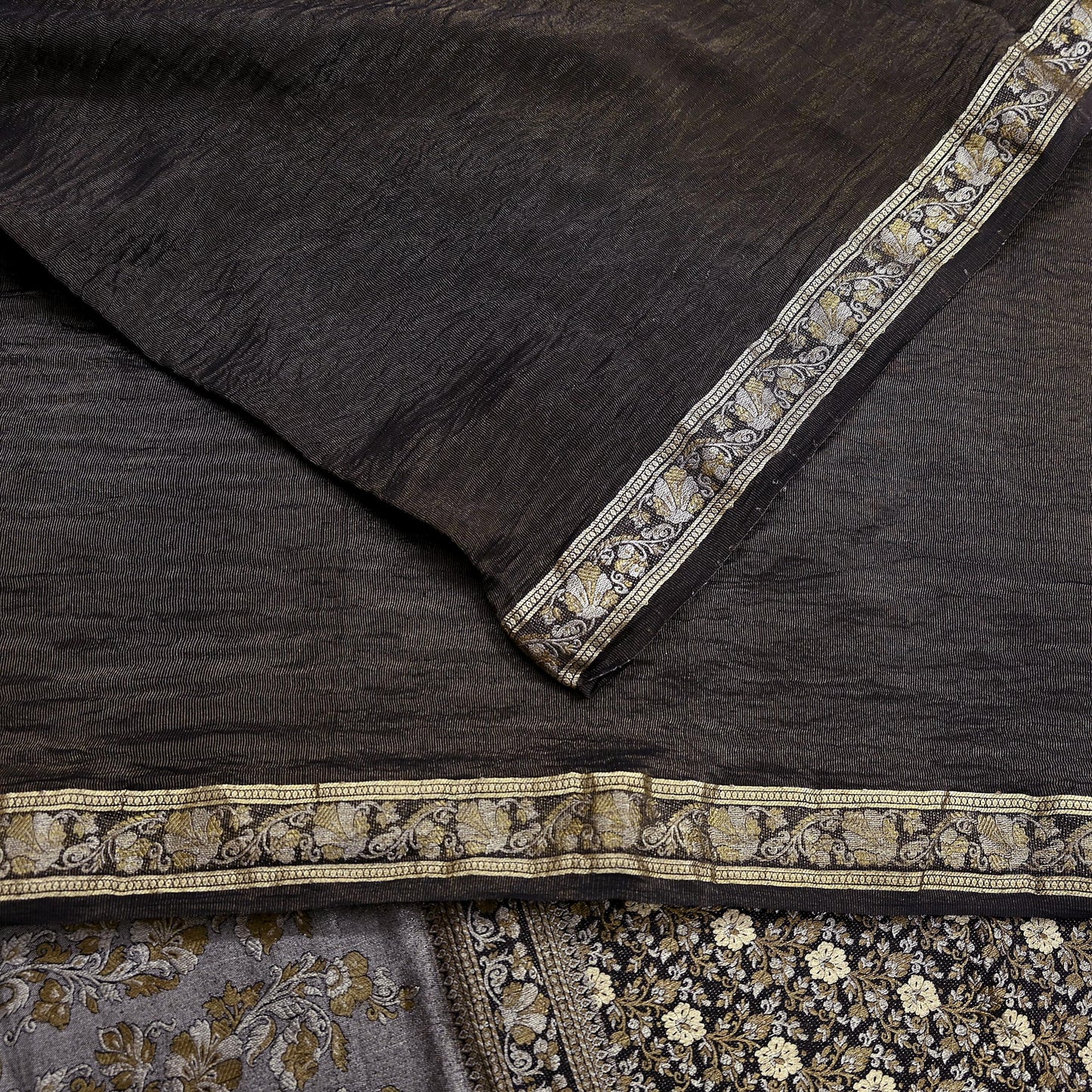 Indian Vintage Black Sarees Pure Silk Hand Woven Sari Craft Fabric 5Yd Sewing Ethnic Floral Dress Making For Crafting Quilting Upcycle