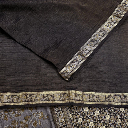 Indian Vintage Black Sarees Pure Silk Hand Woven Sari Craft Fabric 5Yd Sewing Ethnic Floral Dress Making For Crafting Quilting Upcycle