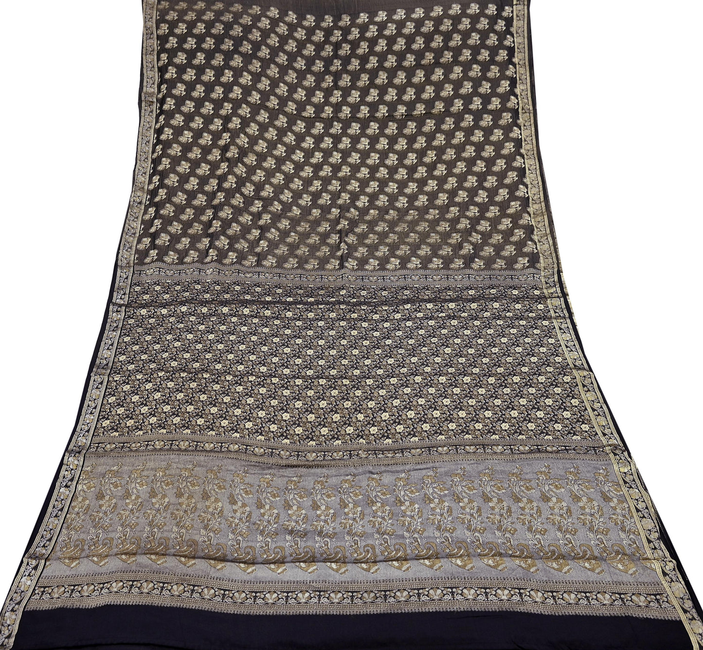 Indian Vintage Black Sarees Pure Silk Hand Woven Sari Craft Fabric 5Yd Sewing Ethnic Floral Dress Making For Crafting Quilting Upcycle