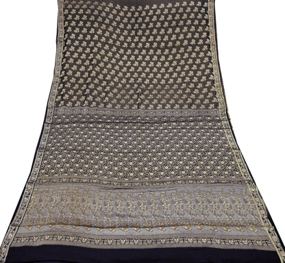 Indian Vintage Black Sarees Pure Silk Hand Woven Sari Craft Fabric 5Yd Sewing Ethnic Floral Dress Making For Crafting Quilting Upcycle