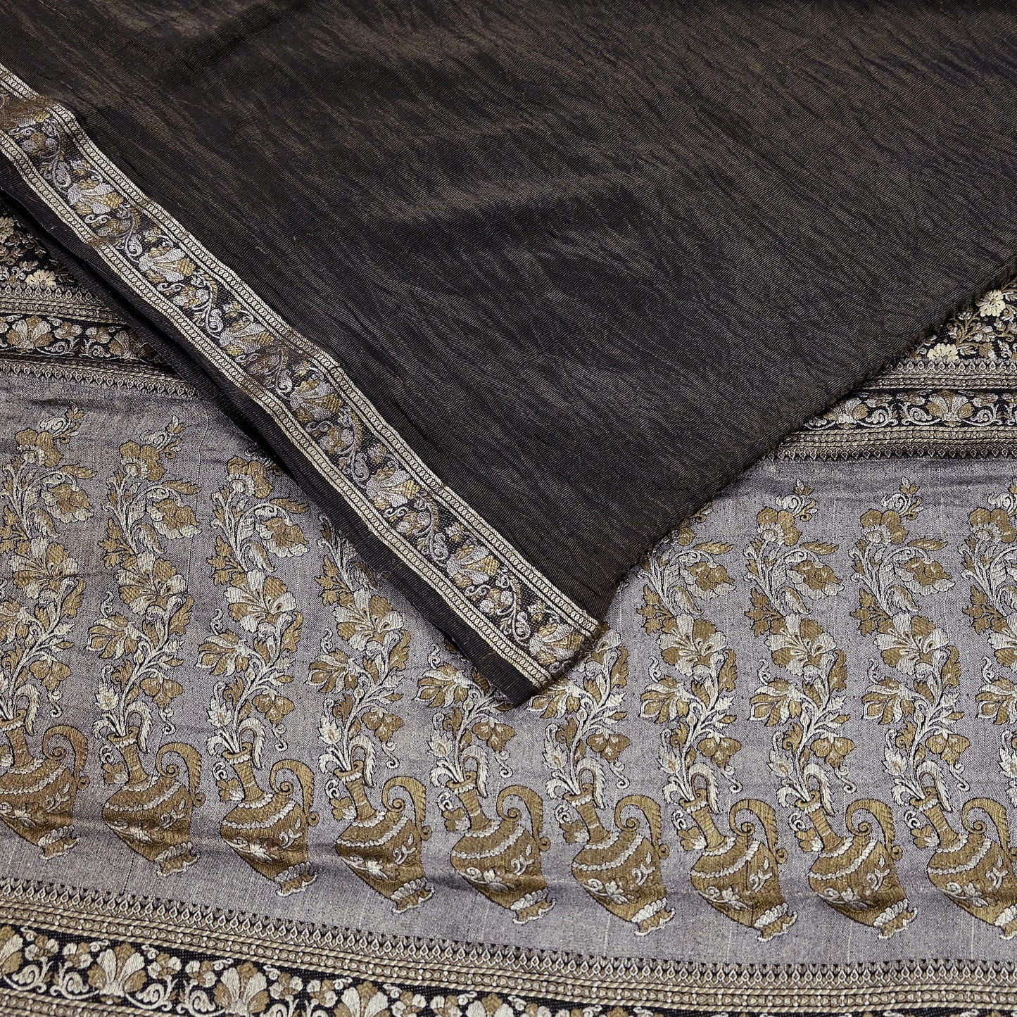 Indian Vintage Black Sarees Pure Silk Hand Woven Sari Craft Fabric 5Yd Sewing Ethnic Floral Dress Making For Crafting Quilting Upcycle