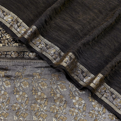 Indian Vintage Black Sarees Pure Silk Hand Woven Sari Craft Fabric 5Yd Sewing Ethnic Floral Dress Making For Crafting Quilting Upcycle