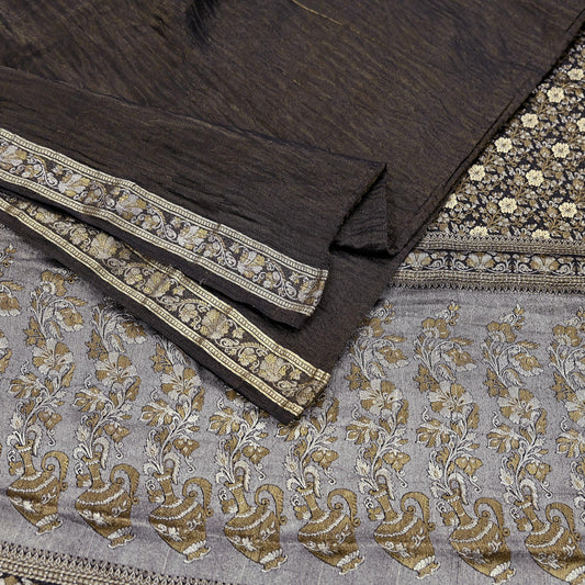 Indian Vintage Black Sarees Pure Silk Hand Woven Sari Craft Fabric 5Yd Sewing Ethnic Floral Dress Making For Crafting Quilting Upcycle