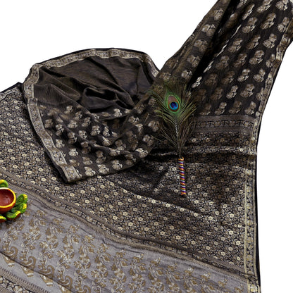 Indian Vintage Black Sarees Pure Silk Hand Woven Sari Craft Fabric 5Yd Sewing Ethnic Floral Dress Making For Crafting Quilting Upcycle