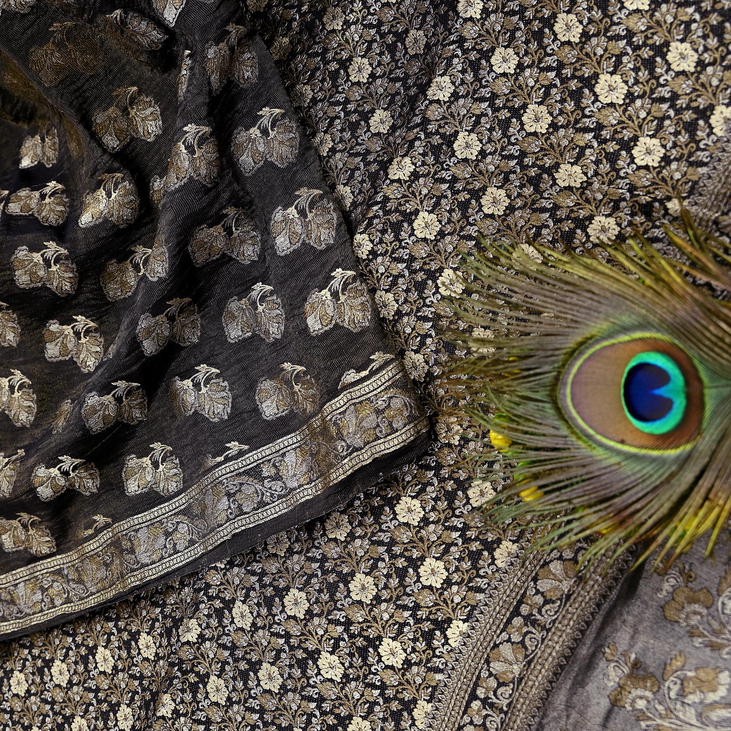 Indian Vintage Black Sarees Pure Silk Hand Woven Sari Craft Fabric 5Yd Sewing Ethnic Floral Dress Making For Crafting Quilting Upcycle