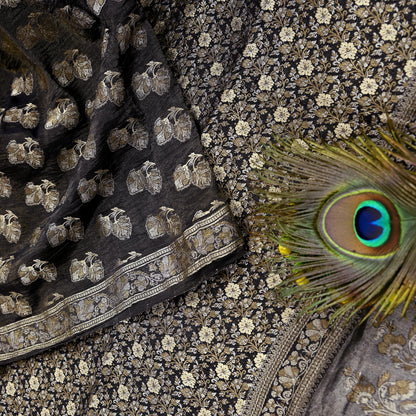 Indian Vintage Black Sarees Pure Silk Hand Woven Sari Craft Fabric 5Yd Sewing Ethnic Floral Dress Making For Crafting Quilting Upcycle