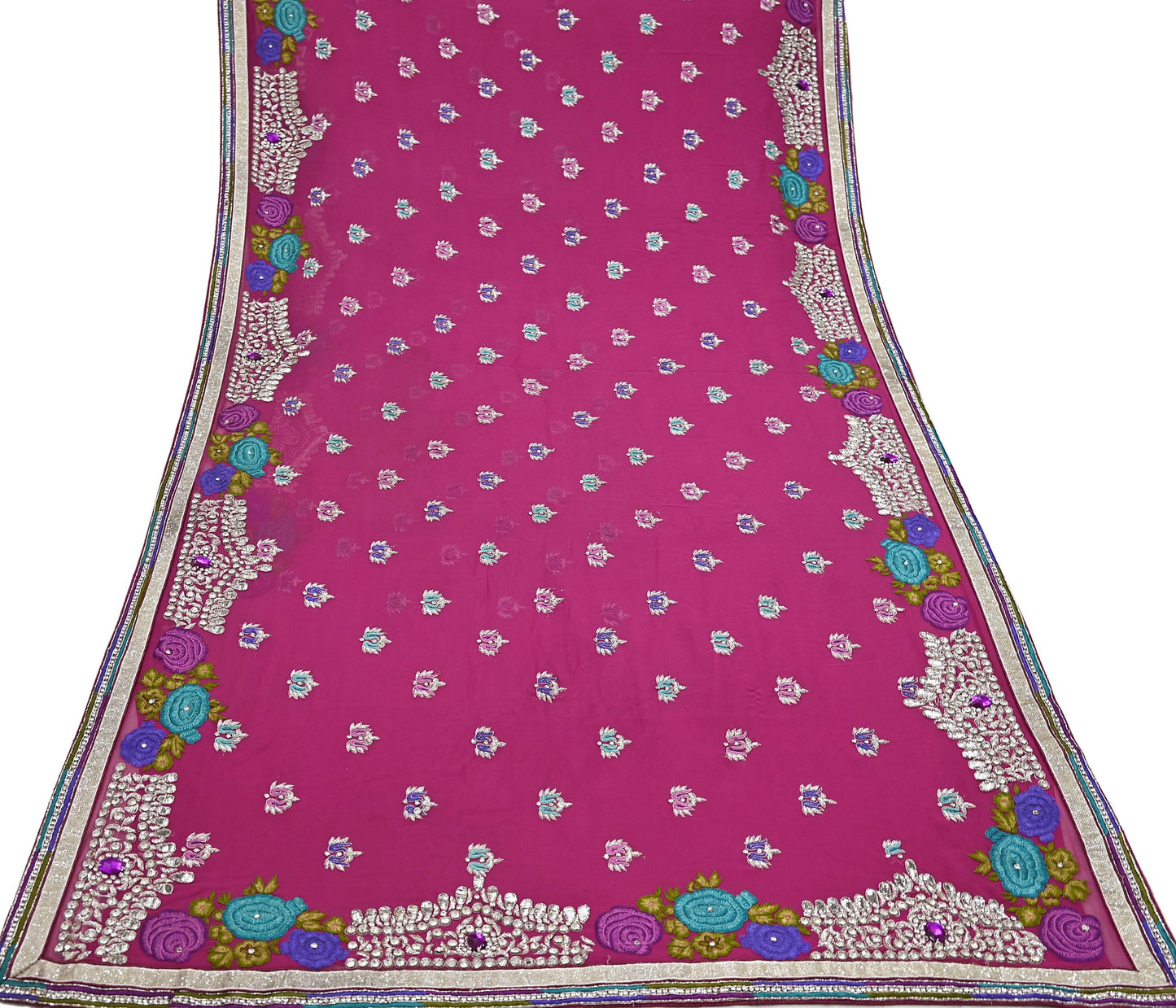 Indian Vintage Sari Rani Pink Pure Georgette Silk Hand Embroidered Sarees Ethnic Fabric 5Yd Sewing Soft Ethnic Glass Beaded Wedding Sarees