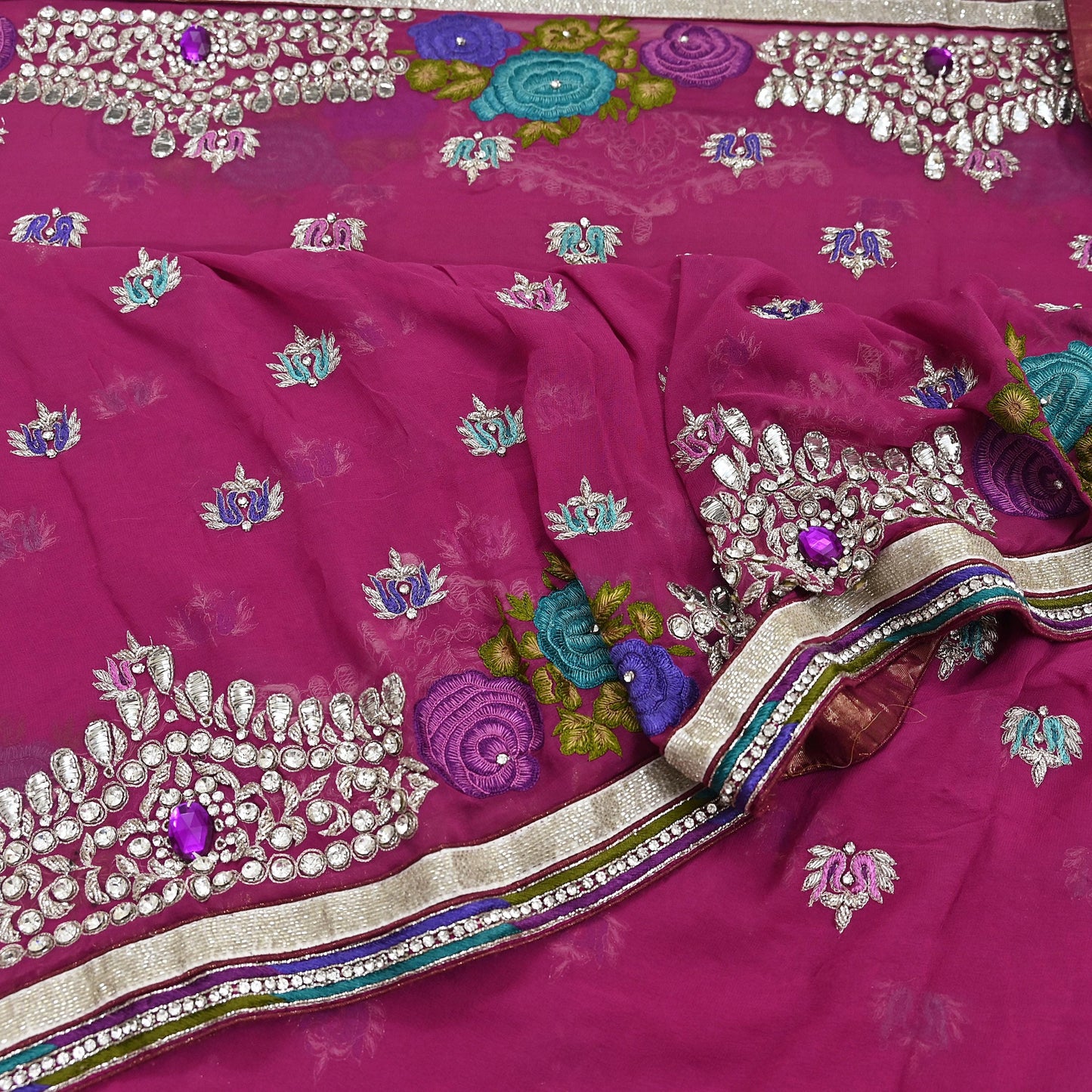 Indian Vintage Sari Rani Pink Pure Georgette Silk Hand Embroidered Sarees Ethnic Fabric 5Yd Sewing Soft Ethnic Glass Beaded Wedding Sarees