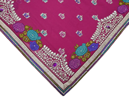 Indian Vintage Sari Rani Pink Pure Georgette Silk Hand Embroidered Sarees Ethnic Fabric 5Yd Sewing Soft Ethnic Glass Beaded Wedding Sarees