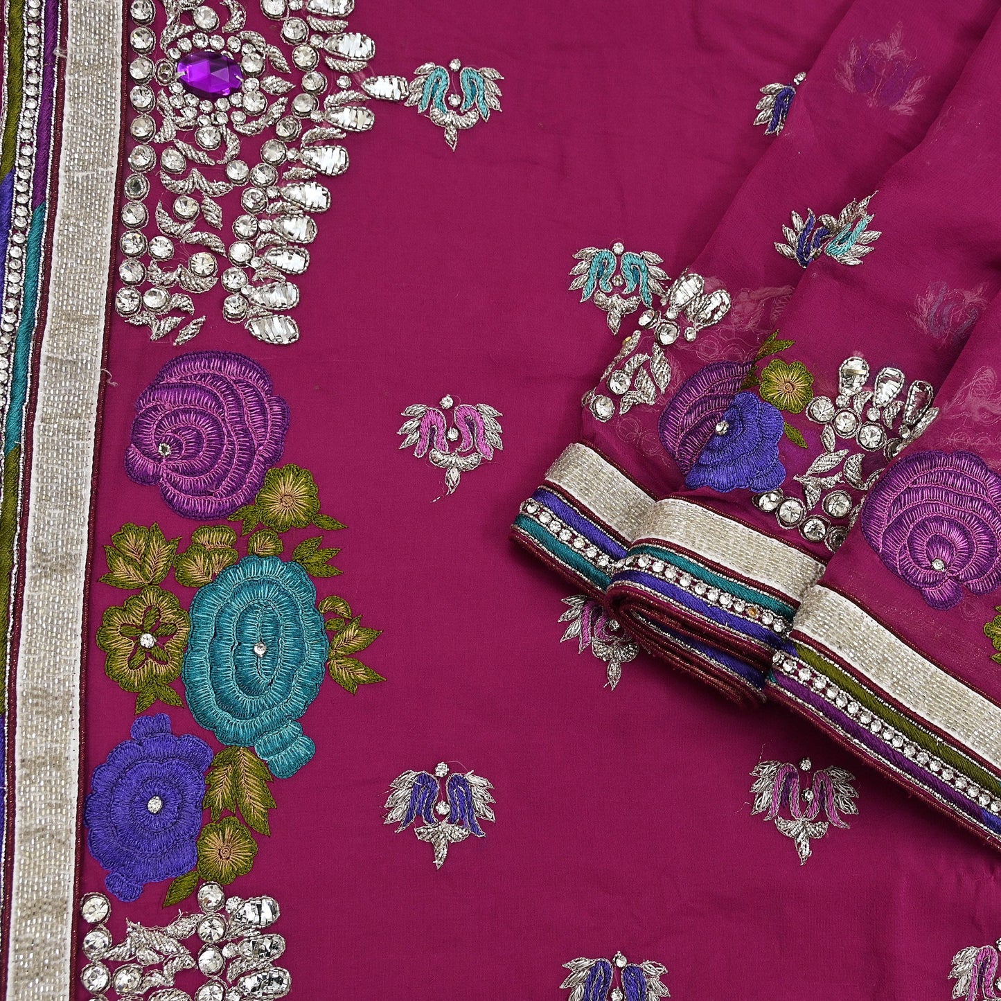 Indian Vintage Sari Rani Pink Pure Georgette Silk Hand Embroidered Sarees Ethnic Fabric 5Yd Sewing Soft Ethnic Glass Beaded Wedding Sarees