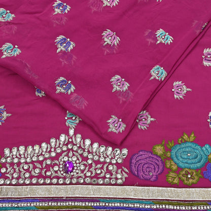 Indian Vintage Sari Rani Pink Pure Georgette Silk Hand Embroidered Sarees Ethnic Fabric 5Yd Sewing Soft Ethnic Glass Beaded Wedding Sarees