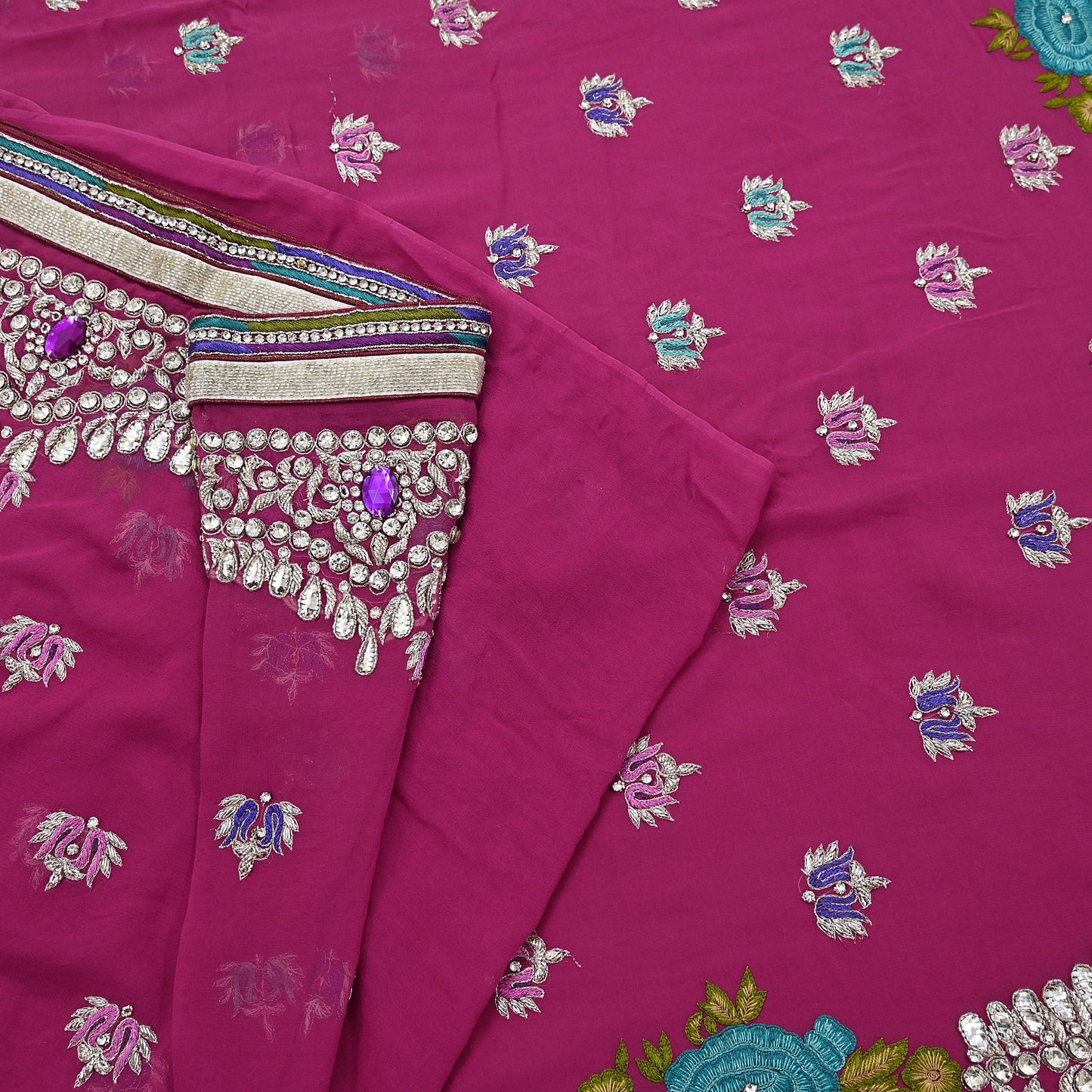 Indian Vintage Sari Rani Pink Pure Georgette Silk Hand Embroidered Sarees Ethnic Fabric 5Yd Sewing Soft Ethnic Glass Beaded Wedding Sarees