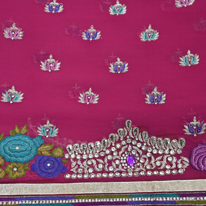 Indian Vintage Sari Rani Pink Pure Georgette Silk Hand Embroidered Sarees Ethnic Fabric 5Yd Sewing Soft Ethnic Glass Beaded Wedding Sarees