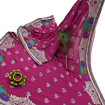 Indian Vintage Sari Rani Pink Pure Georgette Silk Hand Embroidered Sarees Ethnic Fabric 5Yd Sewing Soft Ethnic Glass Beaded Wedding Sarees