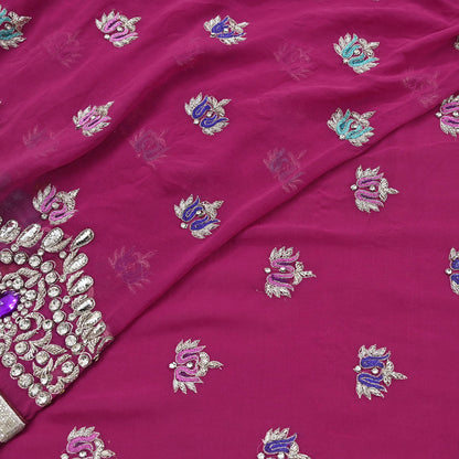 Indian Vintage Sari Rani Pink Pure Georgette Silk Hand Embroidered Sarees Ethnic Fabric 5Yd Sewing Soft Ethnic Glass Beaded Wedding Sarees